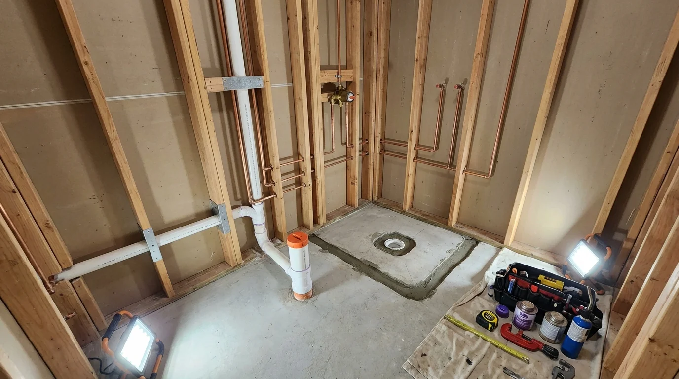 Bathroom rough-in plumbing during remodel by Johns Plumbing LLC in La Vergne
