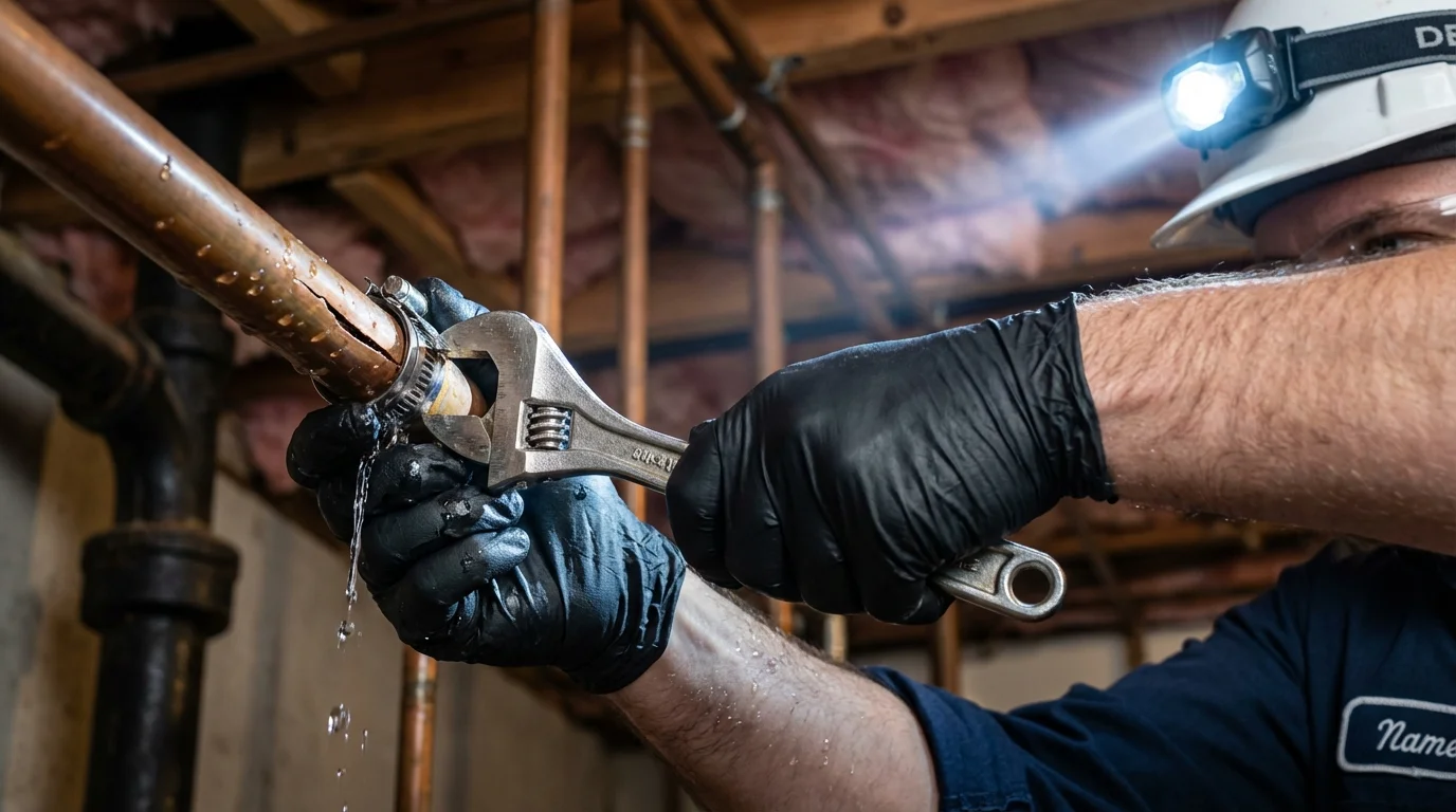 Emergency pipe clamp repair being performed by a Johns Plumbing LLC plumber in La Vergne