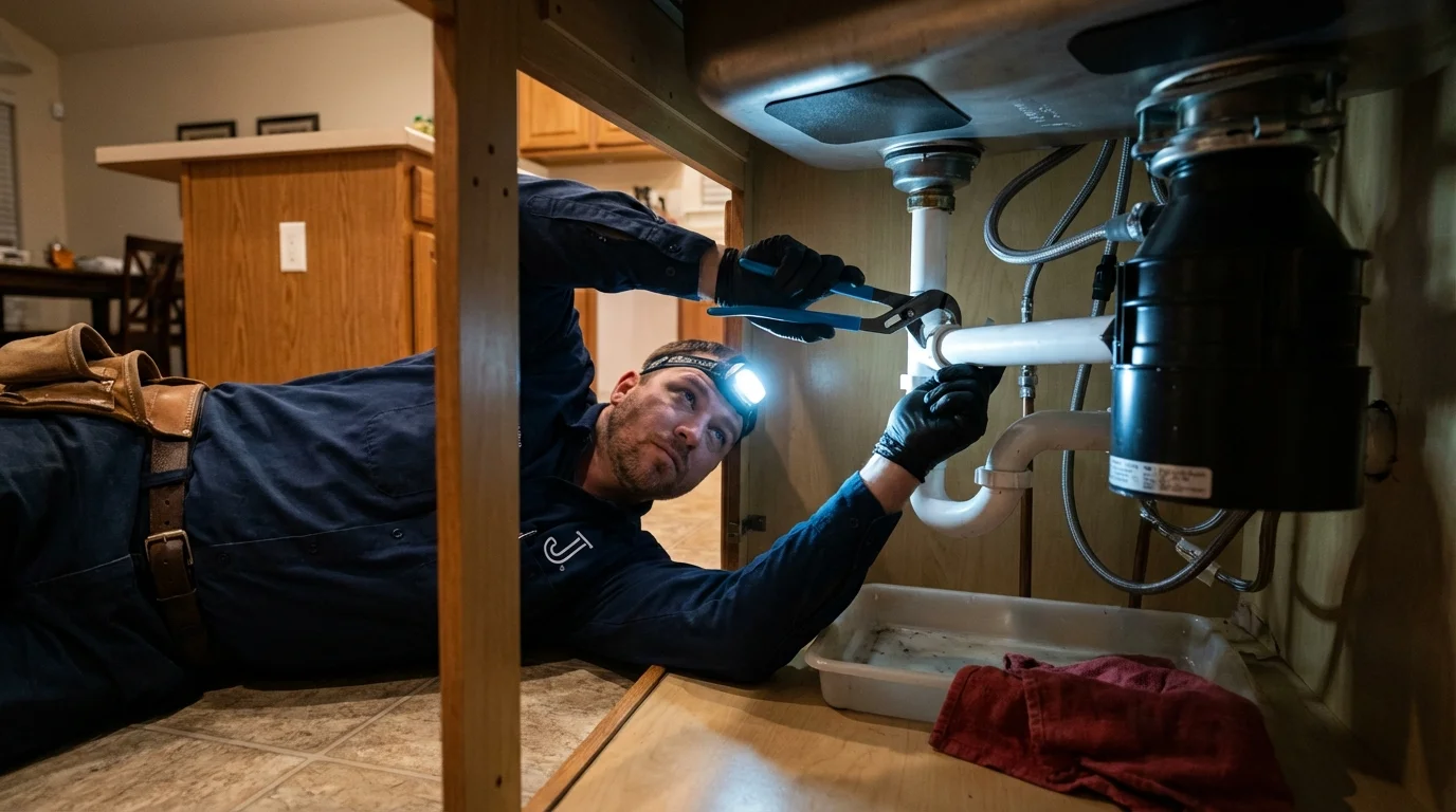 P-trap and supply line connections under a kitchen sink showing a common leak point in La Vergne, TN